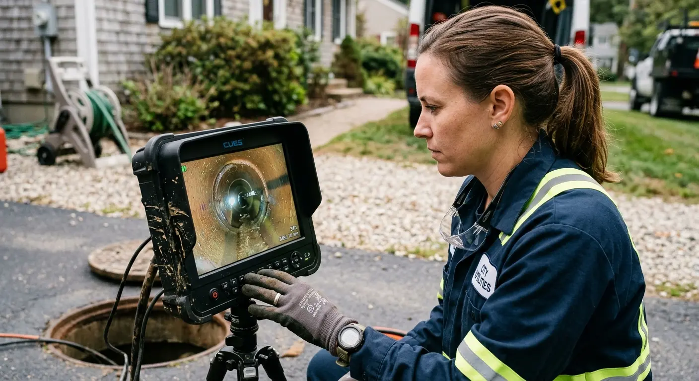 Technician reviewing sewer camera inspection footage in Bardmoor