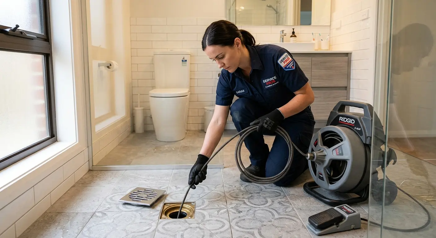 Technician clearing a bathroom floor drain for Clogged Drain Repair in Bardmoor